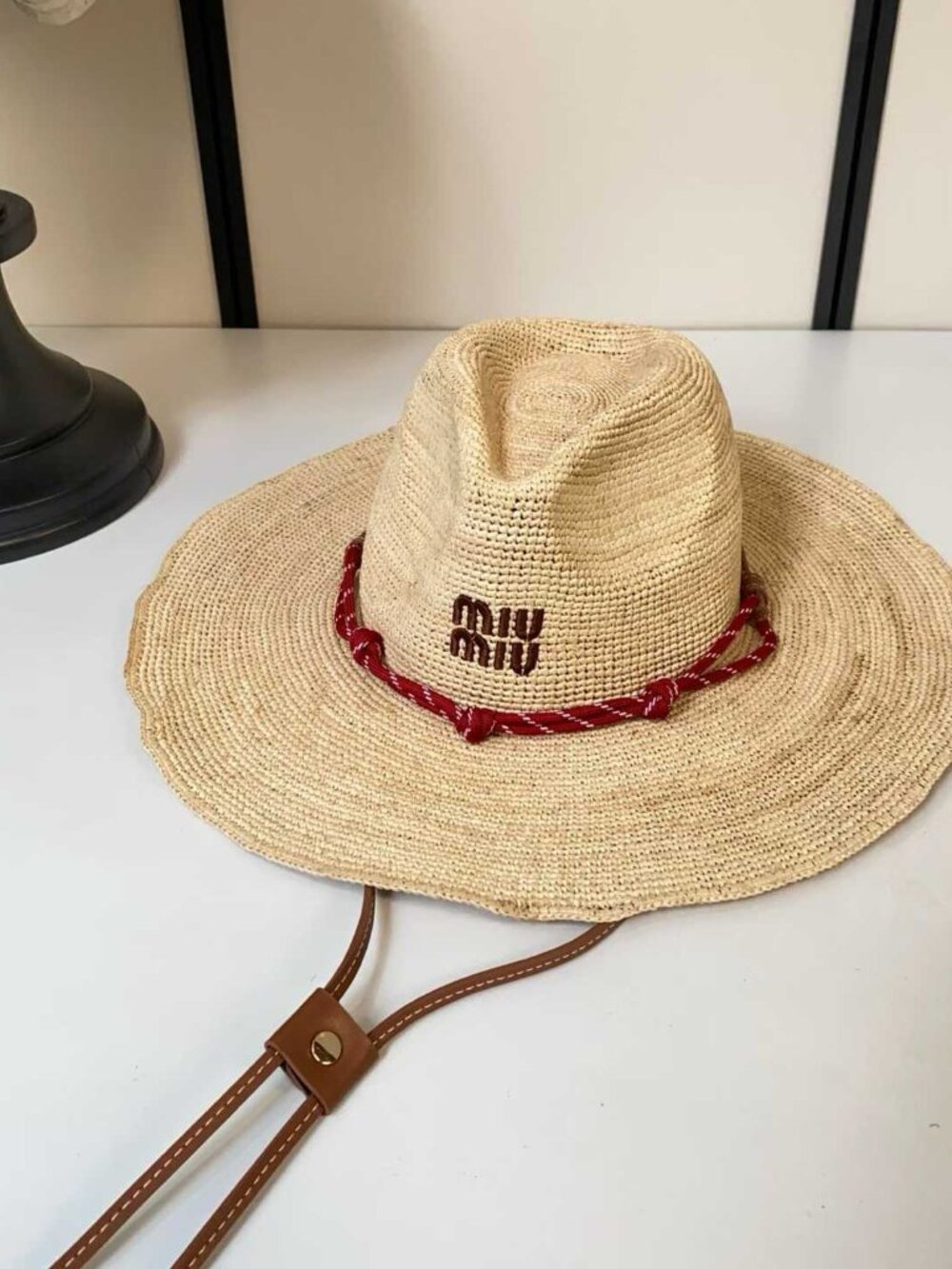 Miu Miu Raffia Wide Brim Cowboy Hat, Red Braided Strap Windproof Straw Sun Hat - Picture 2 of 9
